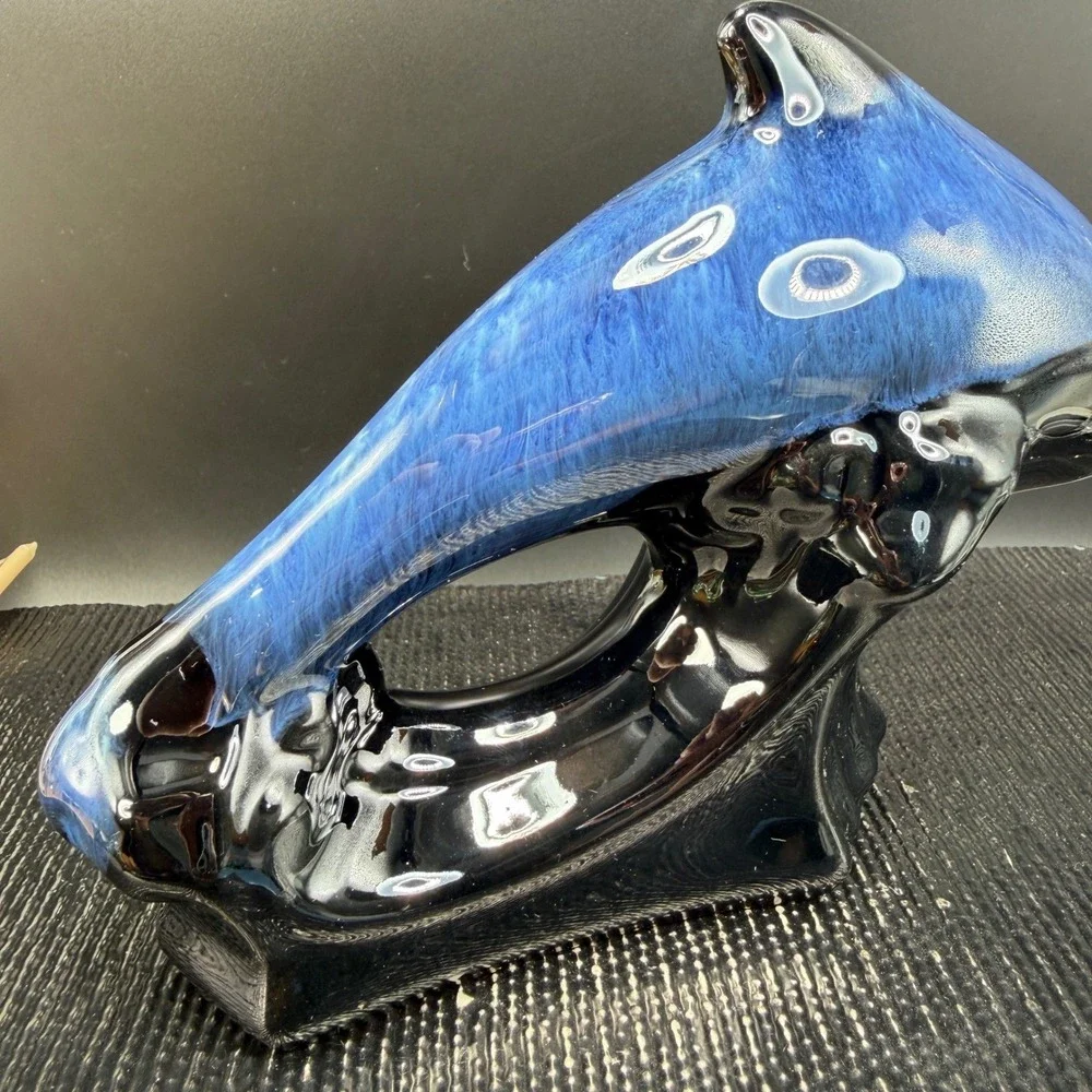 Blue Black Drip Glaze Ceramic Dolphin Figurine Nautical Coastal Decor 7 Inch